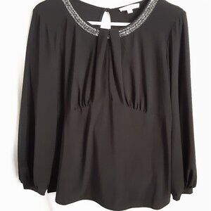 VTG 90's Perception Concept Blouse LARGE Black Silver Beaded Accent Neckline